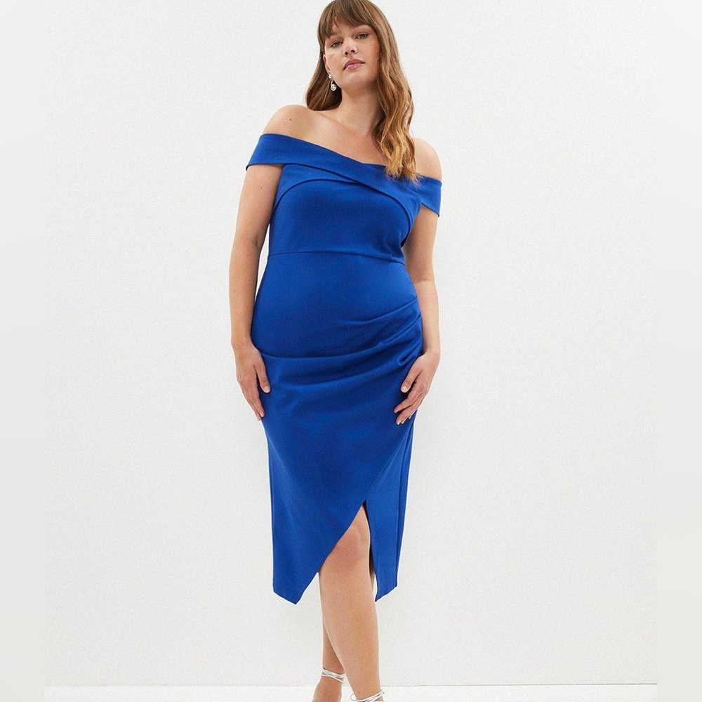 NWT Coast Cross Front Bardot Pencil Dress Royal Blue Ruched Ponte Stretch